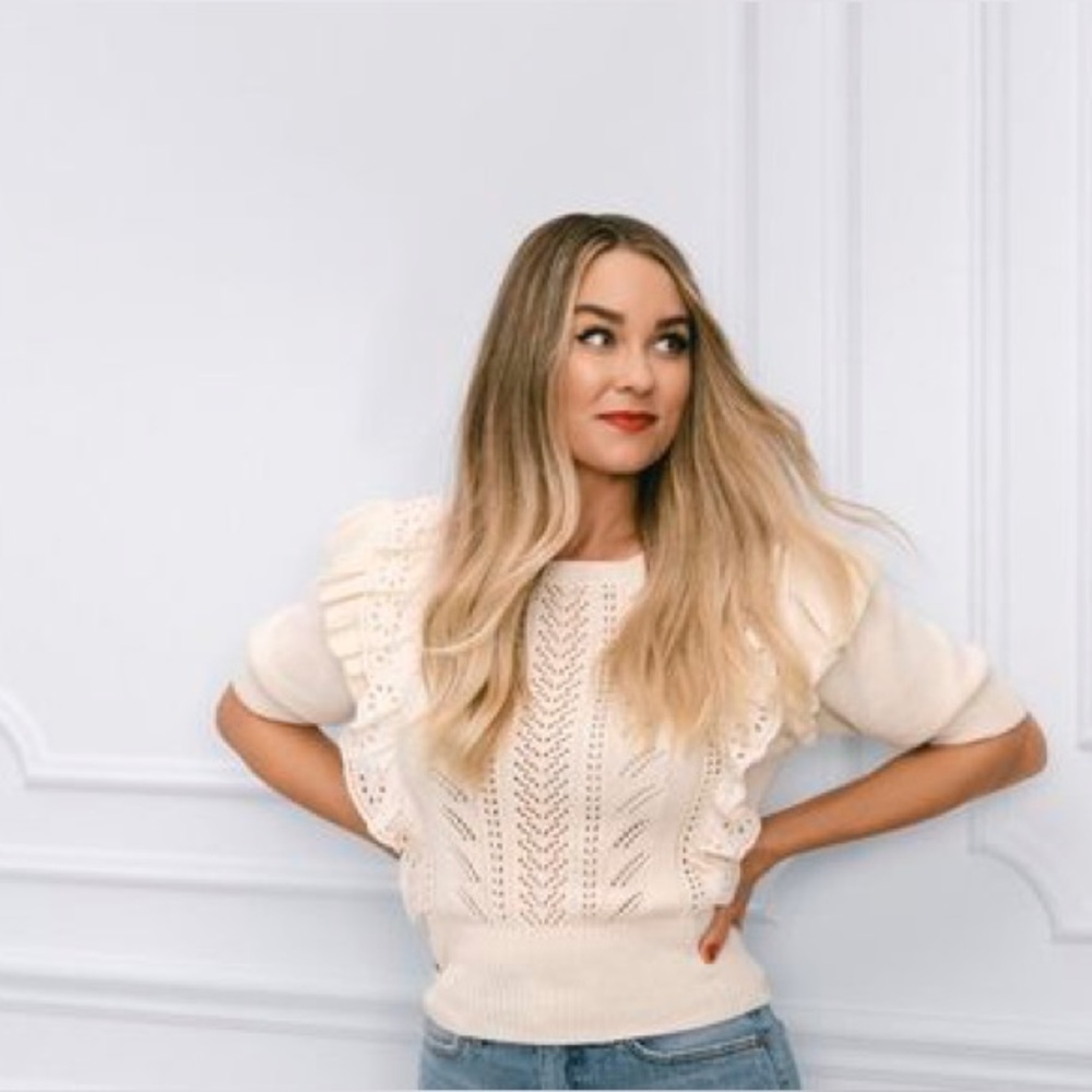 LC Lauren Conrad Ivory Short Sleeve Pointelle Sweater Top Size Medium Ruffle - Picture 2 of 8